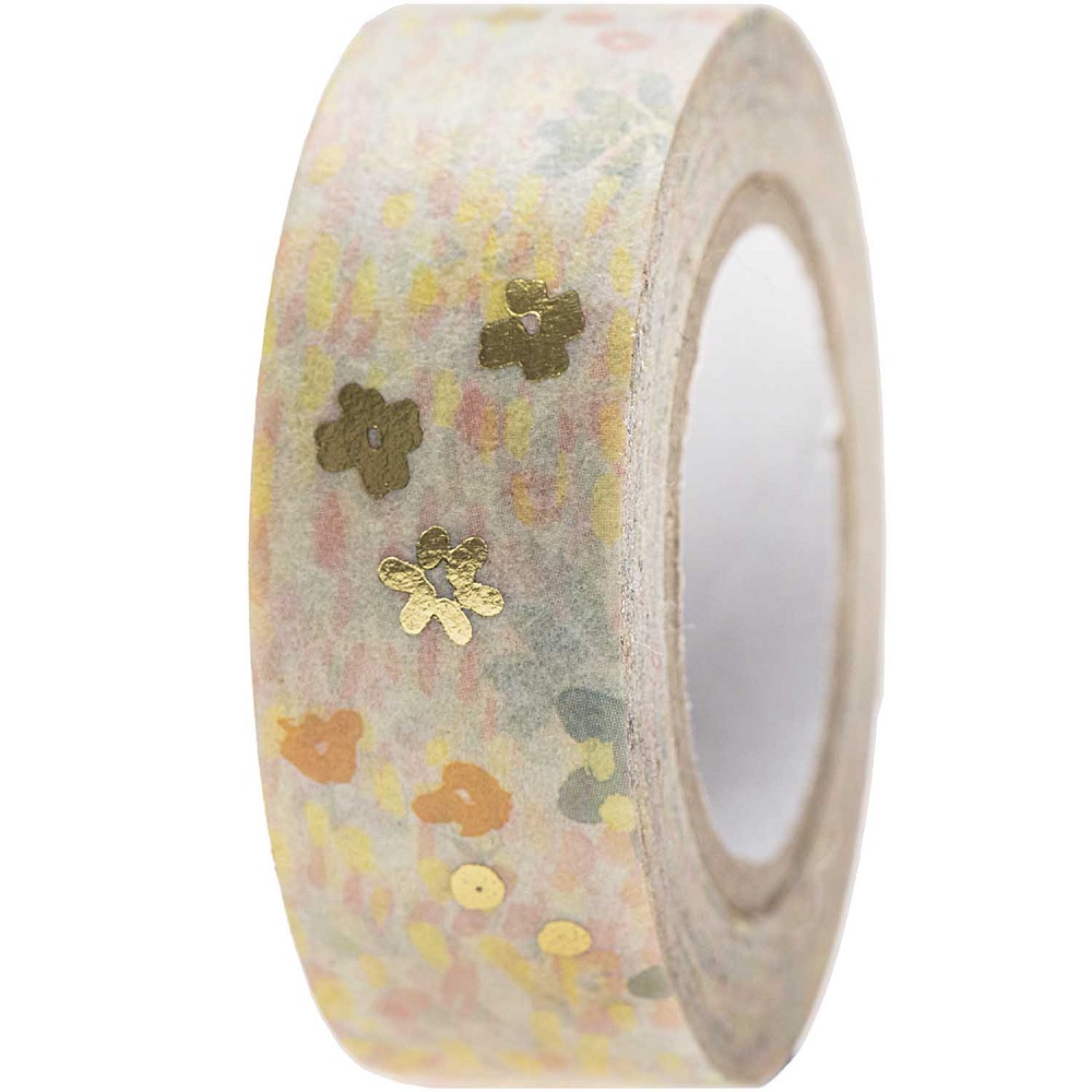99001-78-33_1 Washi Tape, pastellfarben, goldene Blumenmotive, selbstklebend, dekorativ