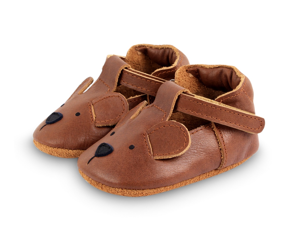 1002008_PU003_1 Leder-Babyschuhe, braun, Tiermotiv Mausgesicht mit Ohren, Klettverschluss.