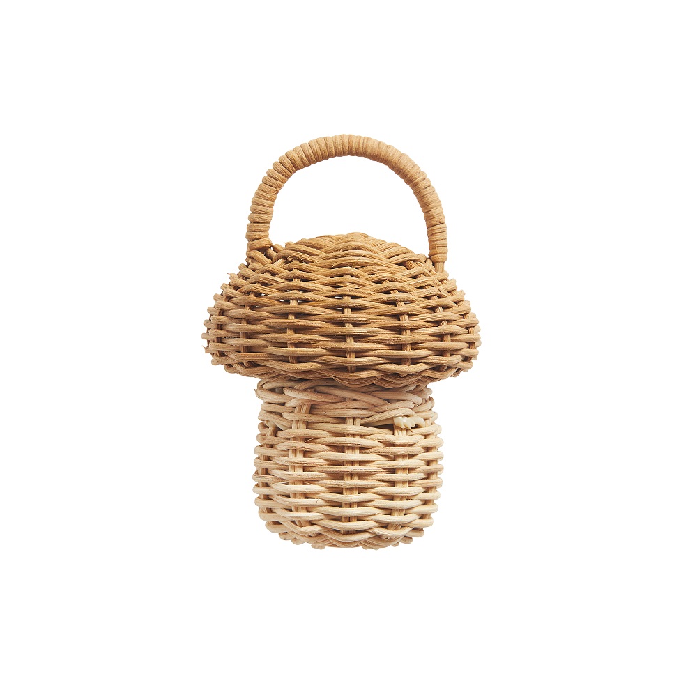 Mushroom-Rattle Pilzförmige Korbtasche, braunes Flechtwerk, Tragegriff.