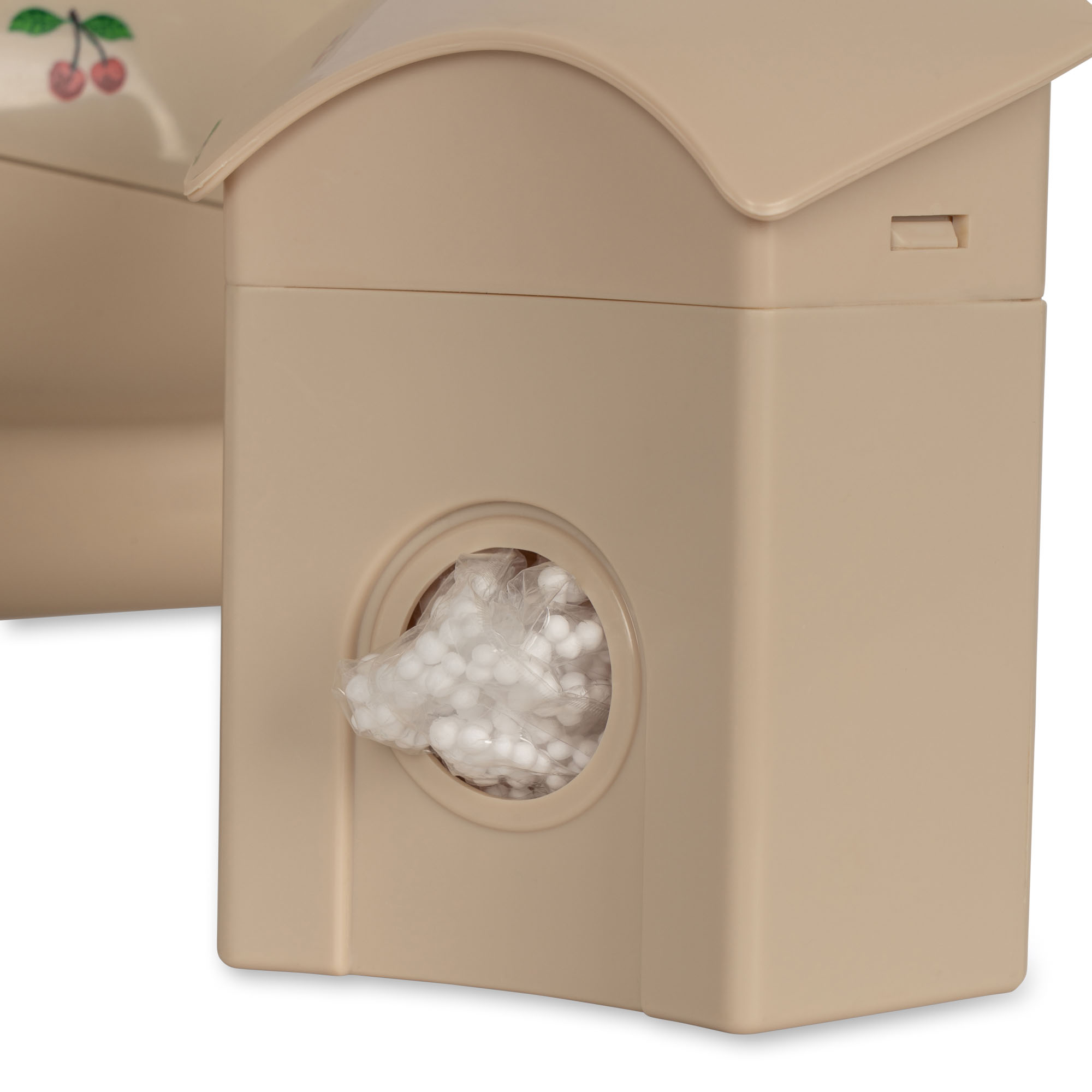 Beige Futtersilo, Kunststoff, rundes Sichtfenster, weiße Styroporkugeln als Füllung, dekorativer Kirschaufdruck.