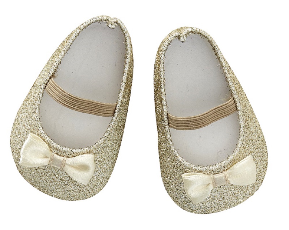 571 Babyschuhe, goldfarben, Glitzer, elastisches Band, Zierschleife.