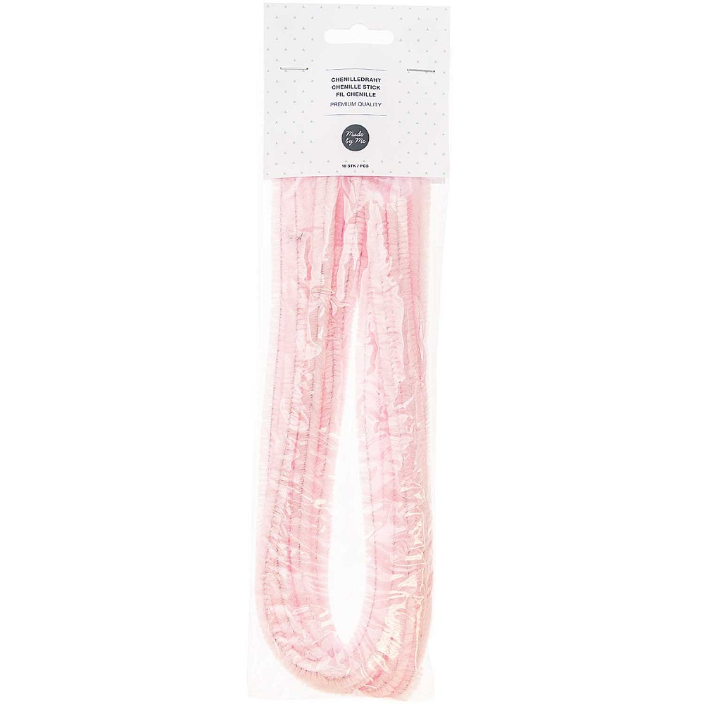08758-03-04_2 Chenilledraht, rosa, verpackt, Premium Qualität, Etikett mit schwarzem Kreis und weißer Aufschrift.