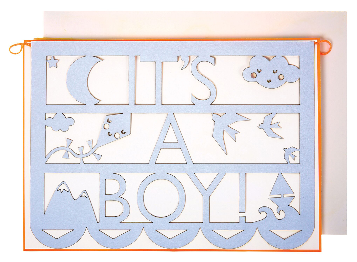 16-0168c1 Karte, hellblau, Aufschrift "It's a boy", ausgestanzte Motive: Mond, Wolken, Vögel, Berge, Segelboot.