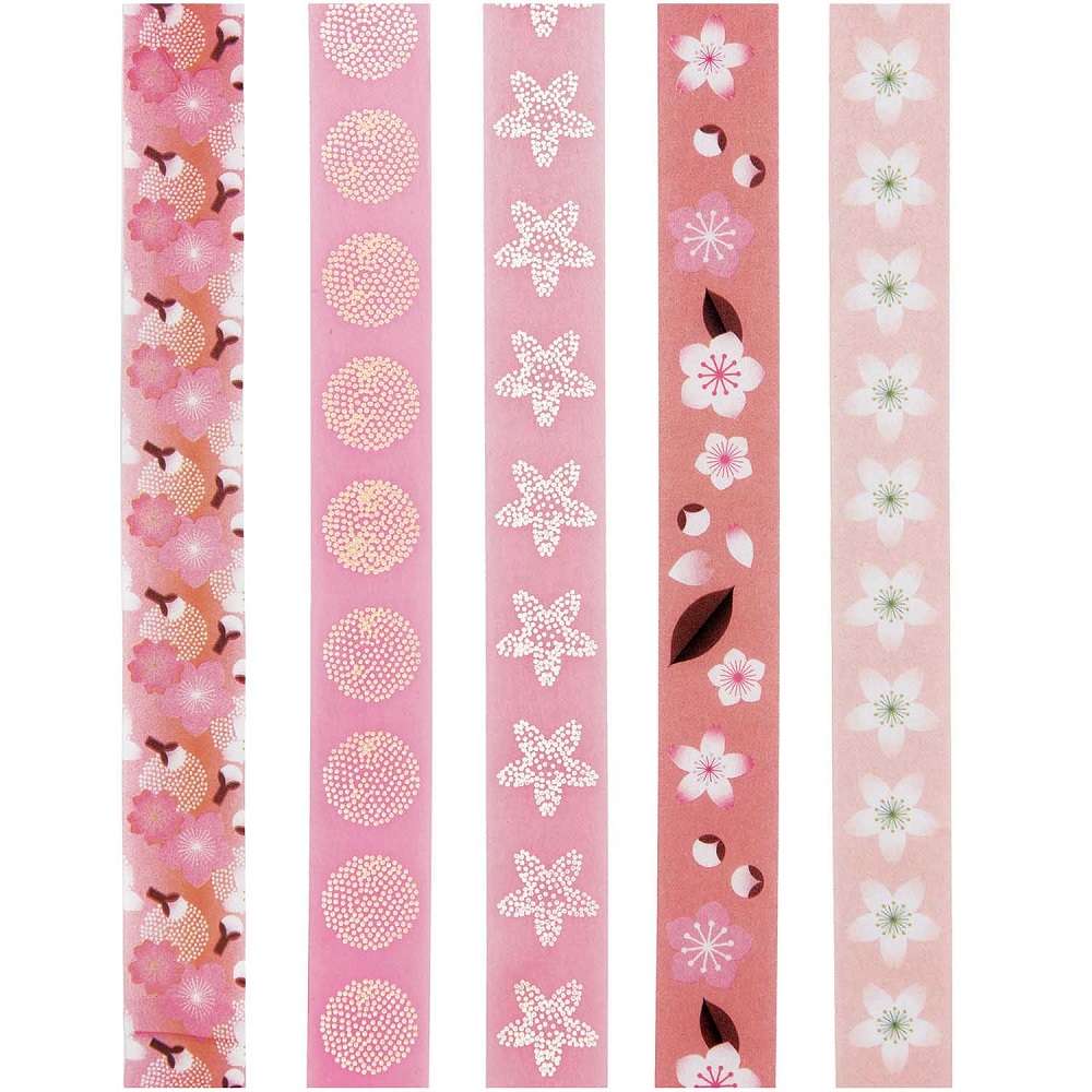 300267_4 Fünf Washi-Tape-Rollen, rosa Töne, diverse Blumenmuster: Kirschblüten, Punkte, Blätter.