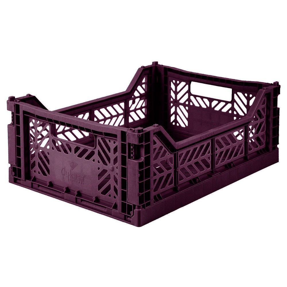 cherry-red-midibox Klappkiste, Kunststoff, dunkelviolett, durchbrochenes Gittermuster, rechteckig, stapelbar, seitliche Tragegriffe.
