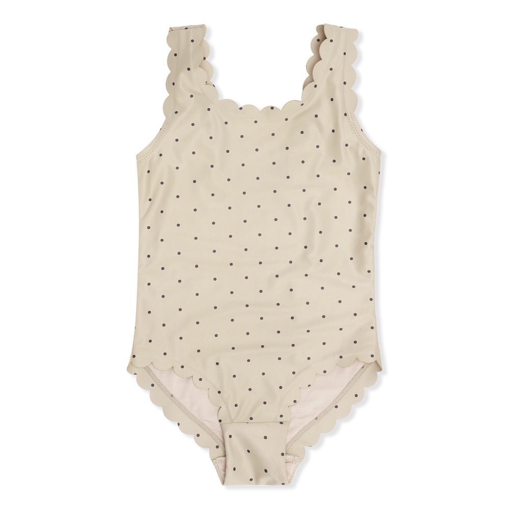 KS3064-SCALLOP-SWIMSUIT-DOT-MAGNET-Main Badeanzug, sandfarben, schwarze Punkte, Rüschenkanten, ärmellos