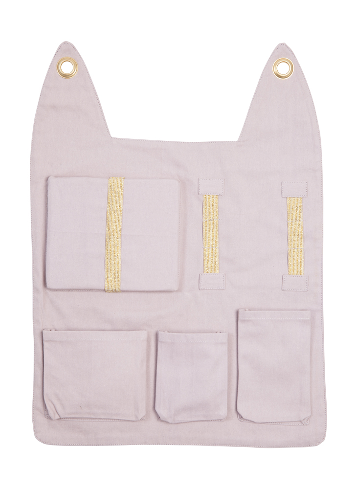 Wall-pocket-bunny Organizer aus Stoff, grau, goldene Ösen, mehrere Taschen, rechteckige Form, zwei Schlaufen oben.