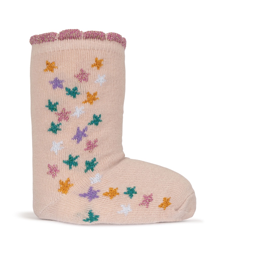 KS4796-2-PACK-JACQUARD-SOCKS-UNICORN-Extra-2 Beige Babysocken, bunte Blumenmuster in Grün, Lila, Gelb; gerüschter rosa Rand.