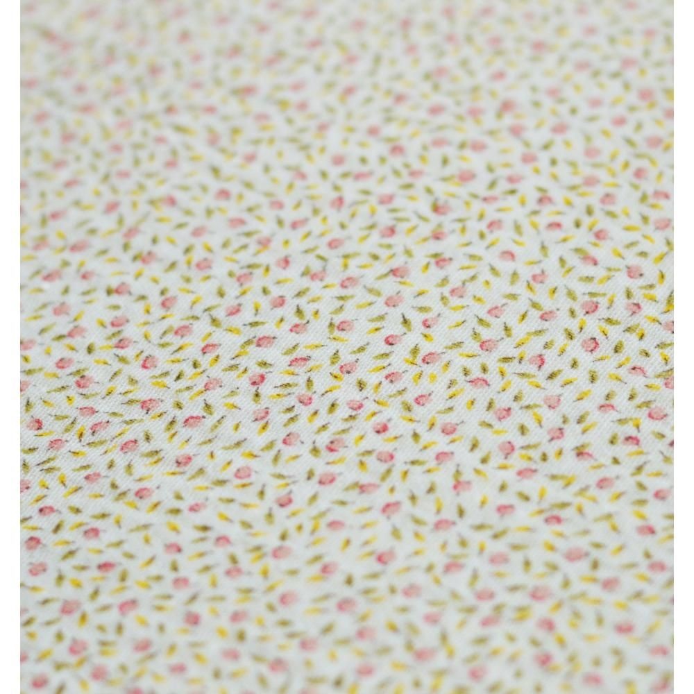 405470_large_vqbH8l1I5pvxD5qYx84t Stoff, hellweiß, feines florales Muster, kleine rosa Blüten, grüne Blätter.