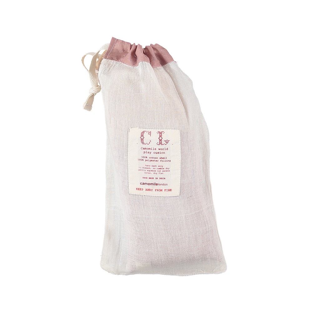 C29BPB_bag Leinenbeutel, cremefarben, Kordelzug, rosafarbener Saum, Etikett mit Aufschrift "CL" und Herstellerangaben, rechteckige Form.