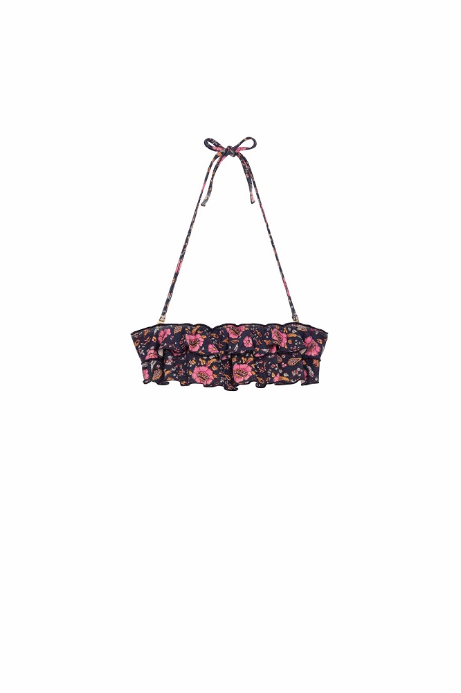 women-bikini-top-josia-black-flowers-9 Bikini-Top, schwarz, Blumenmuster, rosa Blüten, Rüschen, Neckholder-Träger.