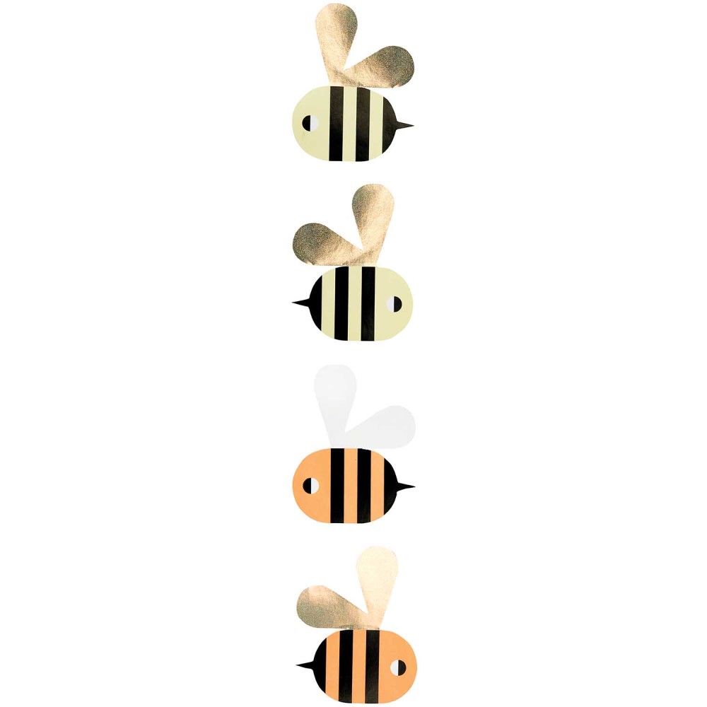 300601_3 Papiergirlande, Bienenmotive, zwei in Schwarz-Gelb, zwei in Schwarz-Orange, goldene und weiße Flügel, rechteckige Form, Kinderzimmer-Deko.