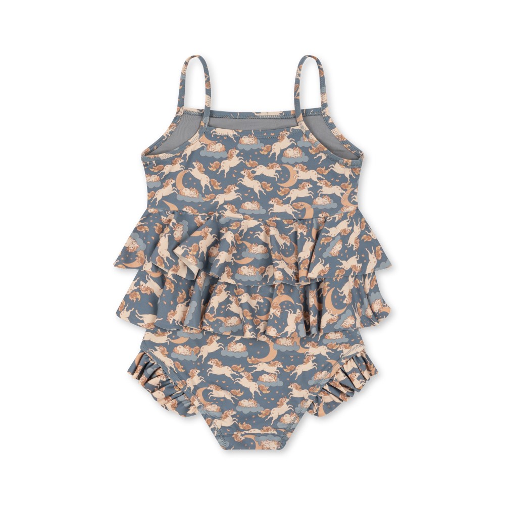 KS4697-MANUCA-FRILL-SWIMSUIT-UNICORN-BLUE-Extra-3 Kinder-Badeanzug, blau-grau, Einhorn-Muster, Träger, Rüschen, zweiteiliges Design.