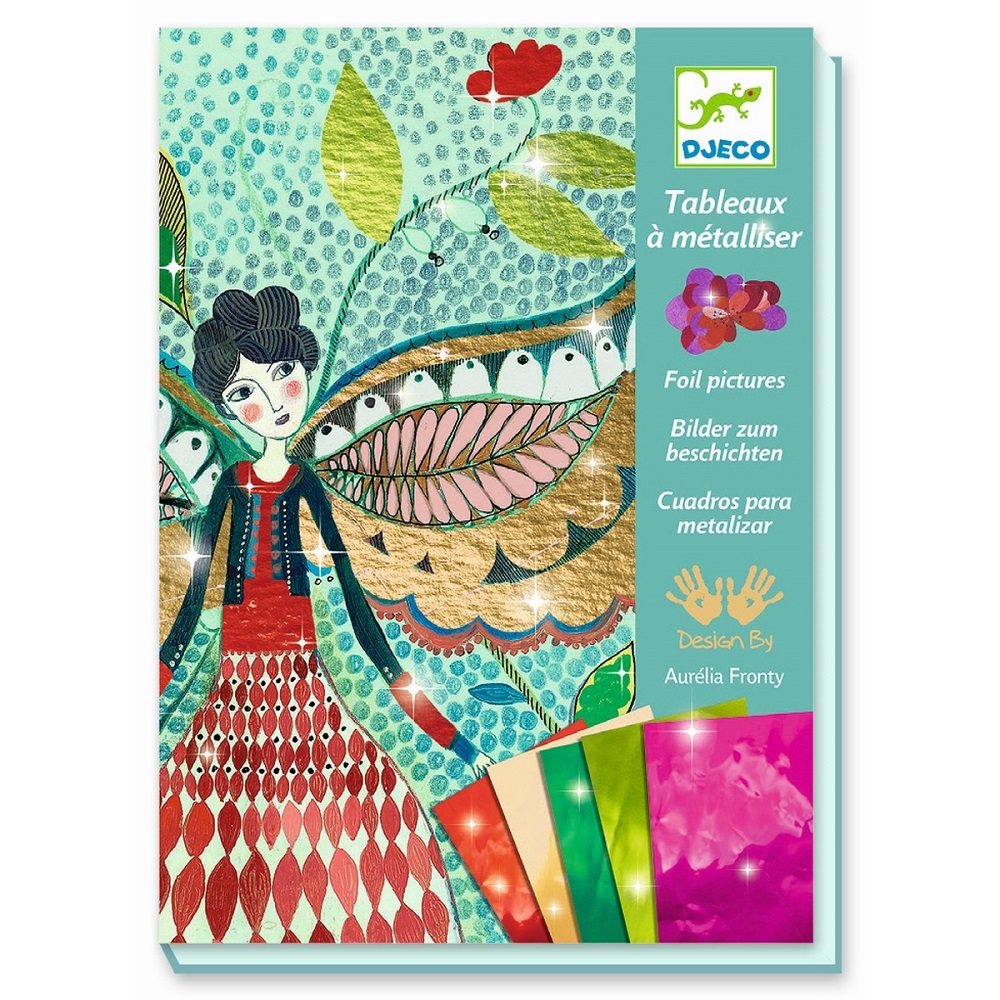 DJ09514-Metallbild-Gluehwuermchen-1 Verpackung Djeco Bilder zum Beschichten, Design by Aurélia Fronty, Illustration mit märchenhaftem Motiv, bunte glänzende Folien in Rot, Grün, Gold, Pink.