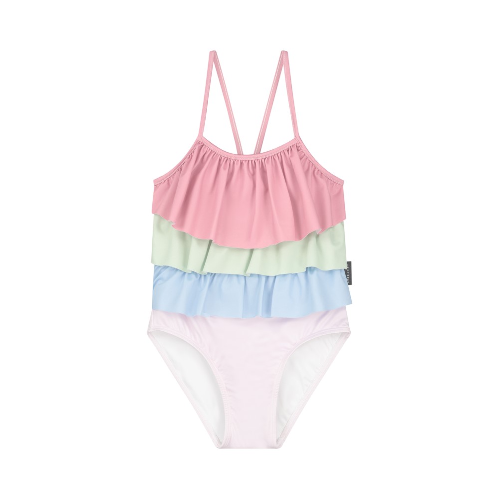 foto-1-3 Badeanzug für Mädchen, Pastellfarben, Rüschen-Design in Rosa, Grün, Blau, Spaghettiträger.