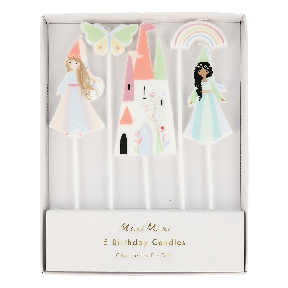 215875a_21E Kerzen, Prinzessin, Schloss, Schmetterling, Regenbogen, pastellige Farben, Sticks, Meri Meri, 5er-Set, Geburtstagskerzen, Kartonverpackung.