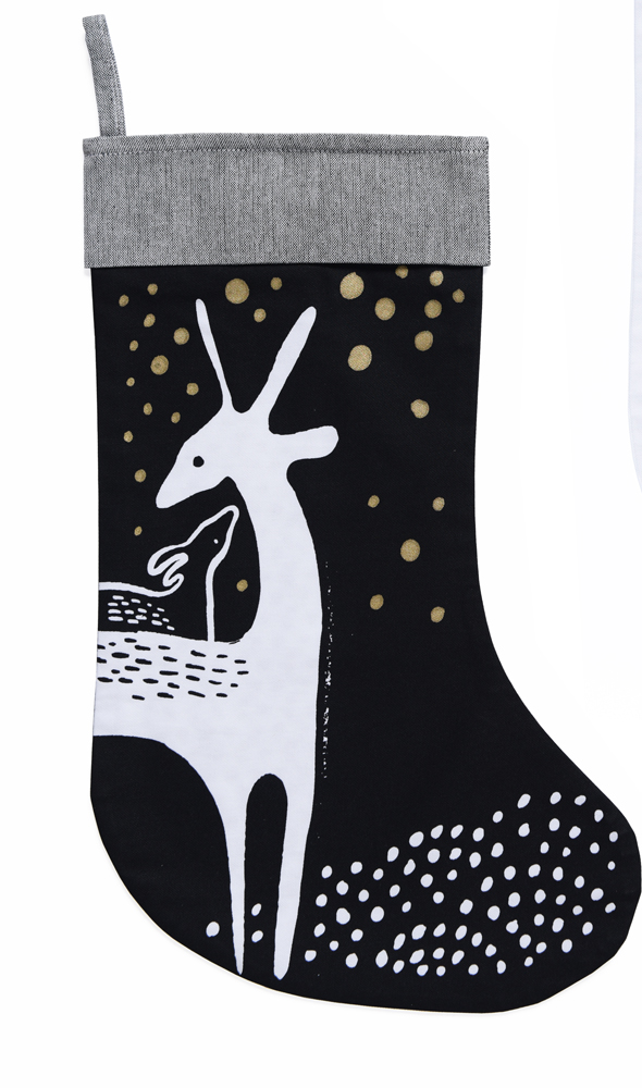 stockings3 Schwarzer Strumpf, grau melierter Rand, weißer Hirsch-Aufdruck mit kleinem Tier, goldene Punkte, Aufhängeschlaufe.