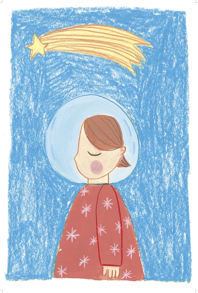 01_ASTRO Illustration, Kind in rot-blauem Raumanzug, roter Anzug mit weißen Sternenmustern, blaue Helmkuppel, blauer Hintergrund, gelber Komet oben.