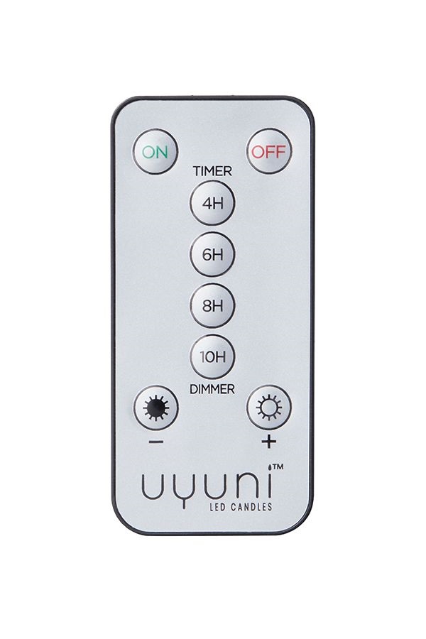 UL-RE-00001 Fernbedienung, rechteckig, silberfarben, Tasten mit Aufdruck: On, Off, Timer, 4H, 6H, 8H, 10H, Dimmer, Minus, Plus, Markenname unten.