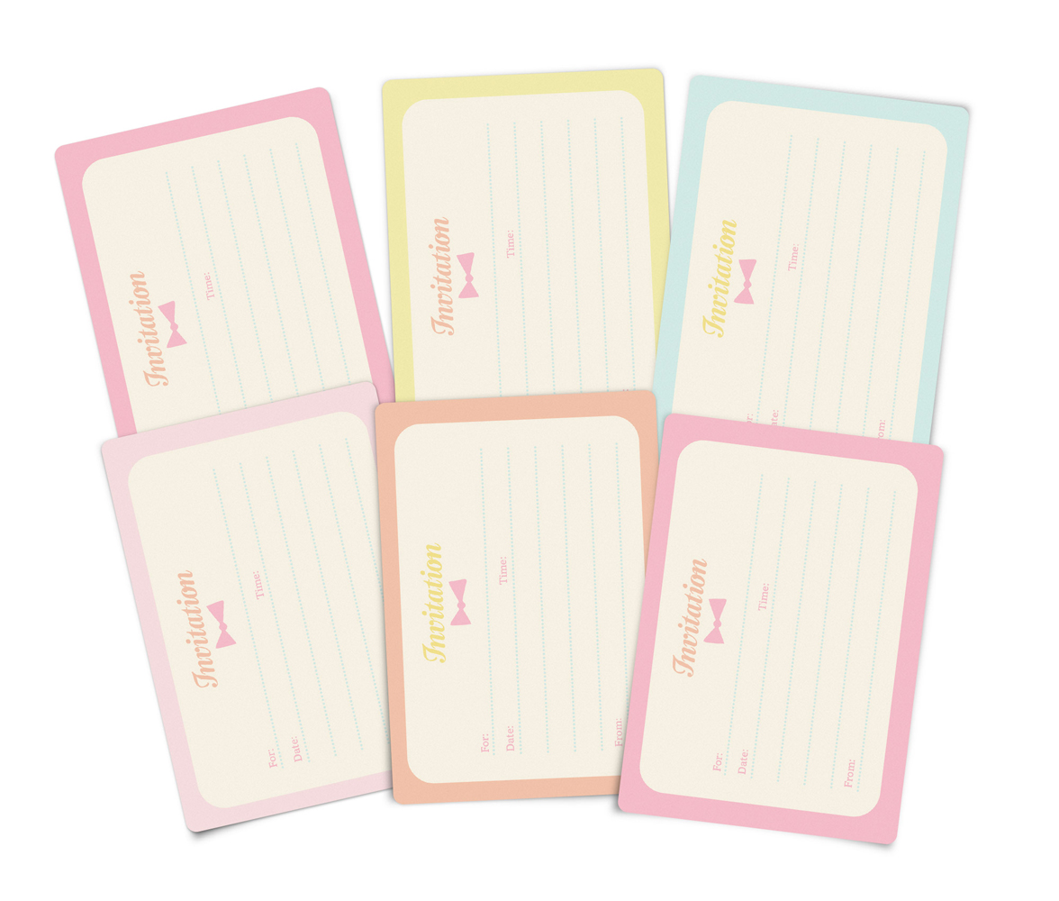 invites-back57cd40adb6135 Einladungskarten, rechteckig, bunte Ränder in Rosa, Gelb, Blau, Textfelder für "For", "Date", "Time", "Place", Aufdruck "Invitation" mit Schleifenmotiv, Set aus sechs Karten.