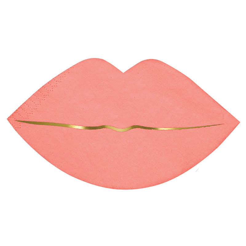 453150 Serviette, Lippenform, rosa, goldener Randstreifen.