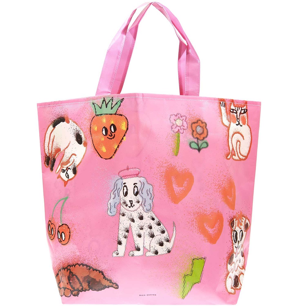 Einkaufstasche, rosa, Illustrationen von Hund, Erdbeere, Katze, Blume, Blitz, Herzen, Kirschpaar, schlafender Hund.