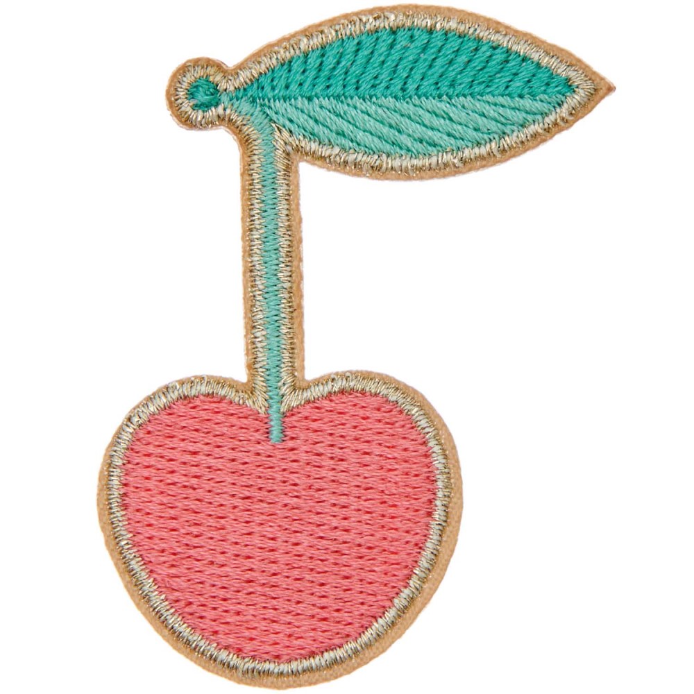 280082_1 Stickabzeichen, Kirschform, rosa, grüne Blätter, goldener Rand, Detailstickerei.