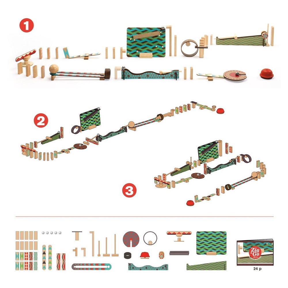 DJ05644-Zig-Go-5644-48-Teile-3 Konstruktionsspielzeug, Holzteile, grün-blaue Muster, Aufbauvarianten, Zickzack-Aufdruck, rote Details, verschiedene Verbindungselemente, 24 Teile, Anleitung, kreatives Spiel.