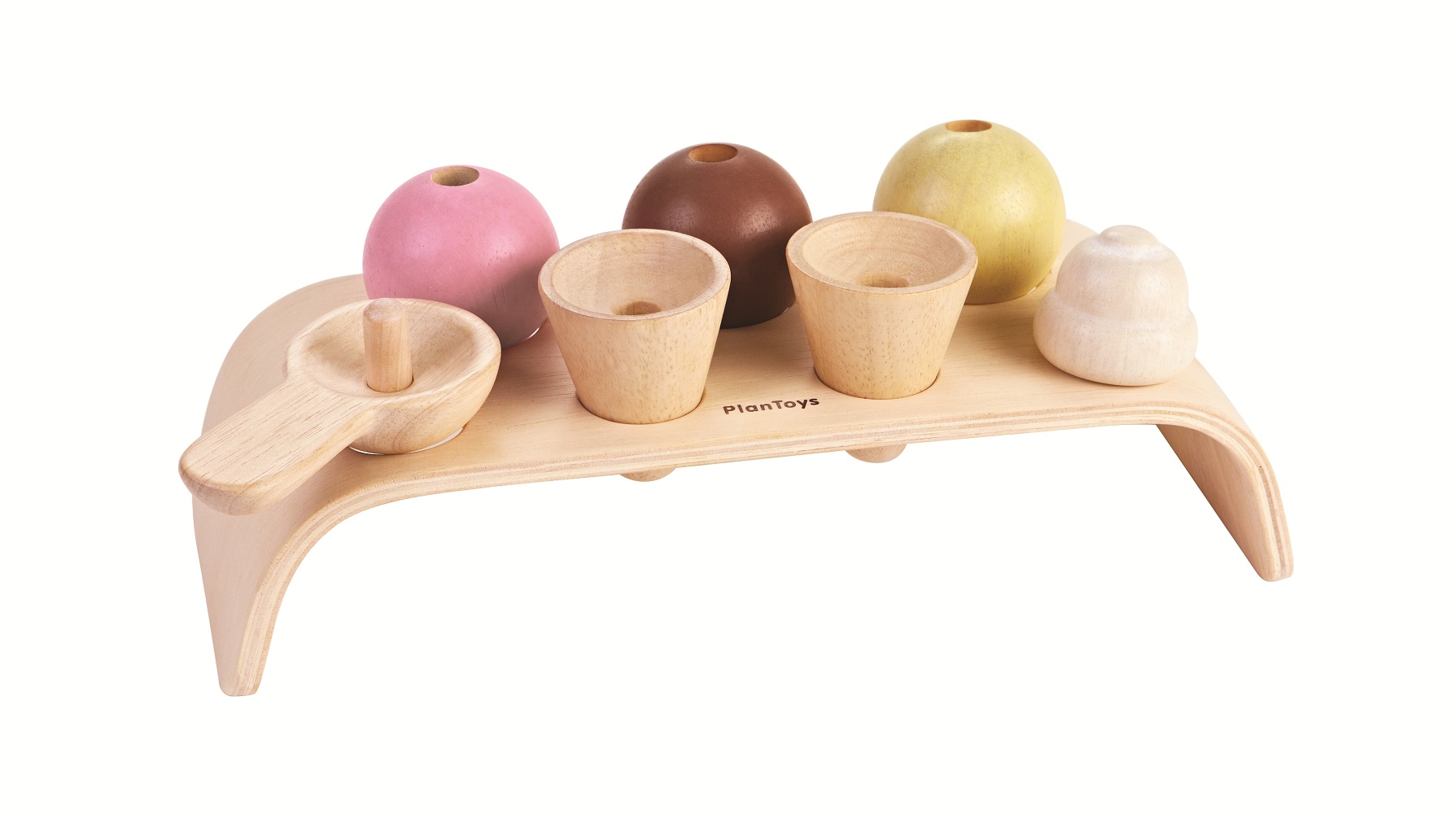 4003486a Holzspielzeug-Set, Teeservice, natürlicher Holzton, rosa, braune, gelbe Elemente, Becher, Kannen, Tablett, PlanToys-Logo.