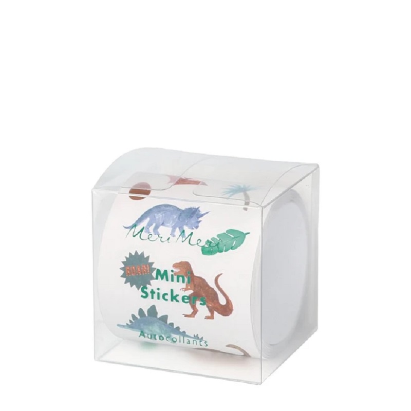 5d35d84471f5fe19bd000073_660x Stickerrolle, durchsichtige Box, bunte Dinosaurier- und Pflanzenmotive auf weißem Hintergrund, Aufschrift "Mini Stickers".