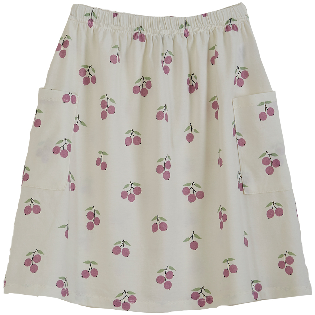 U075-fille-jupe-coton-organique-imprime-cassis-ecru-emile-et-ida Rock, cremefarben, Kirschmuster, rosa Kirschen, grüne Blätter, zwei aufgesetzte Taschen.