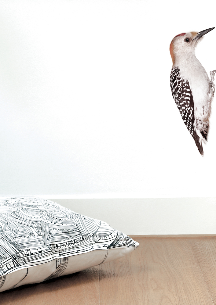 wallsticker_birds_woodpecker_int Kissen, schwarz-weiß, geometrisches Muster; Aufkleber Vogel, Specht, realistisch, naturgetreu.
