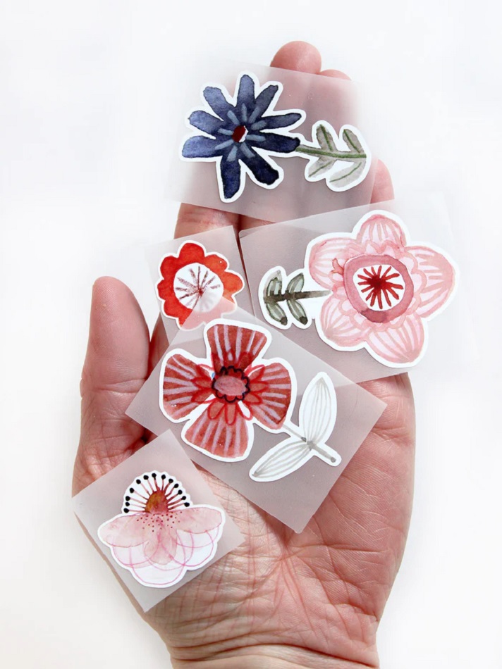 Buegelbilder_Set_Bluetenundblumen_halfbird2_700x Sticker-Set, Blumenmotive, Aquarell-Stil, Farben: Blau, Rot, Rosa, Orange, Hand gehalten.