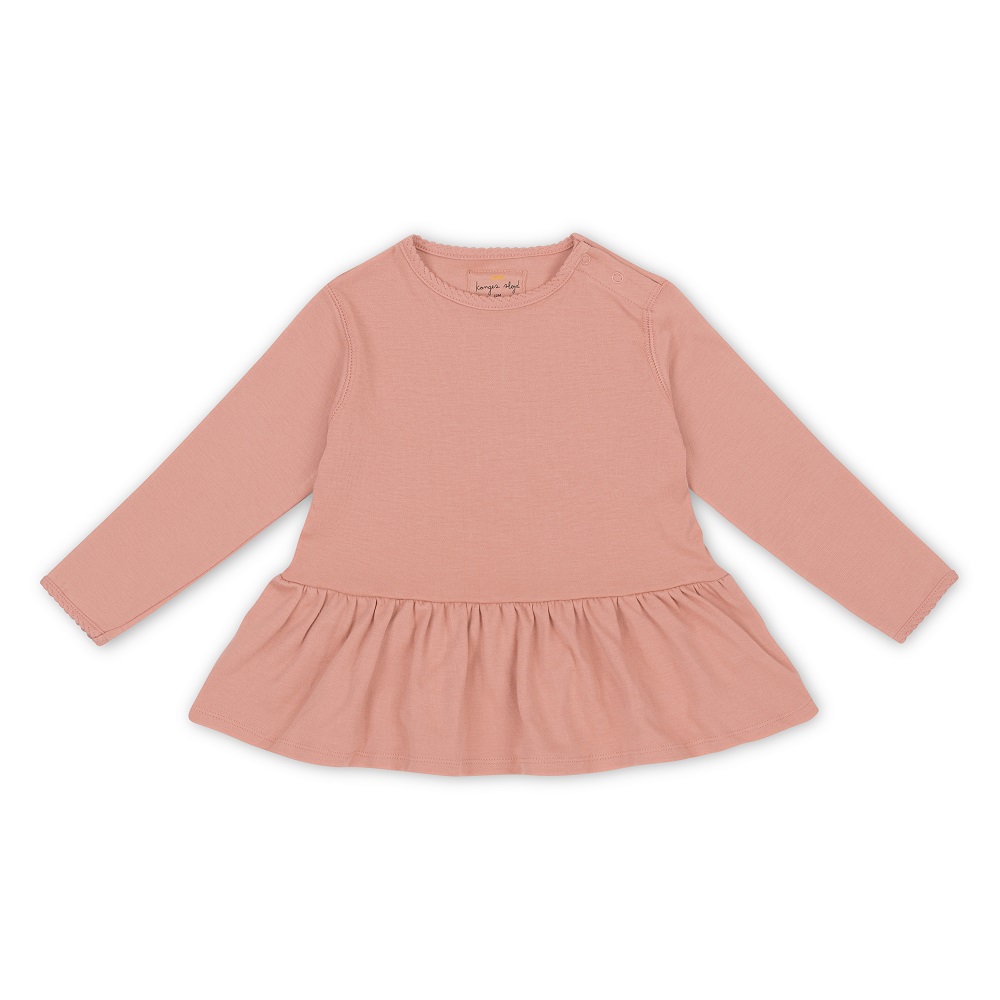 KS1787-ROSE-BLUSH-Extra-3 Langarm-Kleid, rosa, Rüschenrock, Rundhalsausschnitt, Babygröße.