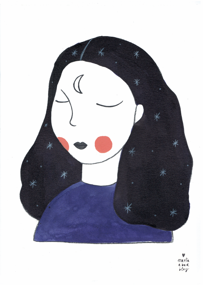 Captura_de_pantalla_2019-12-11_a_las_12-06-00_740x Illustration, Gesicht, Mond-Symbol auf Stirn, geschlossene Augen, rote Wangen, dunkle Haare mit Sternen, blaues Oberteil.