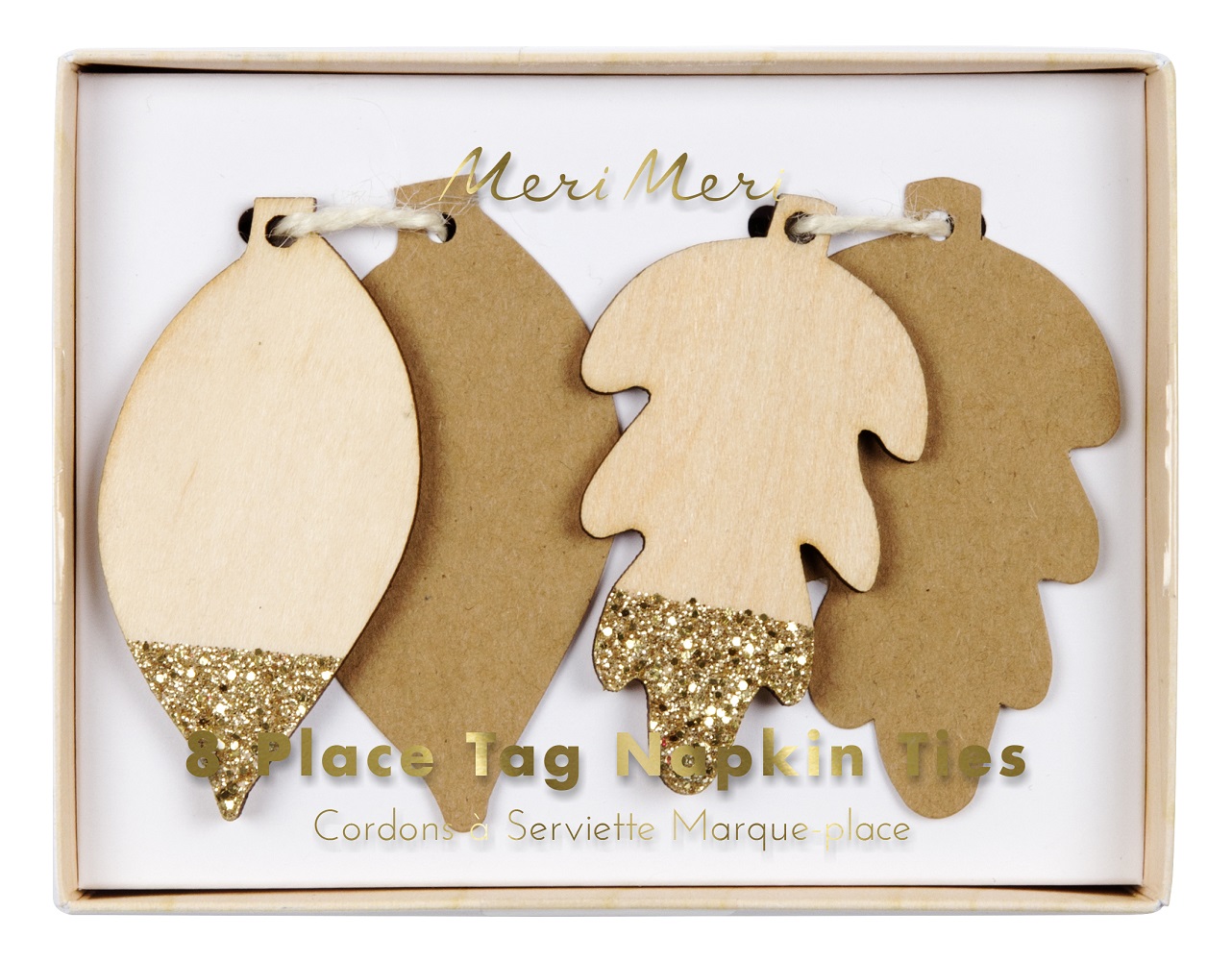 181054b_18W Holz-Tischkartenhalter, Blattform, Glitzerakzent, Juteband, Set aus acht Stück, Natur- und Goldtöne.