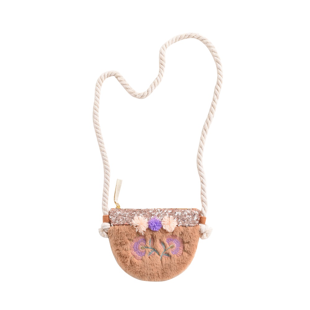 kidsbagazucenanuts2 Plüsch-Umhängetasche, hellbraun, glitzernder Rand, Blumenstickerei, bunte Blütenapplikationen, Kordelträger.