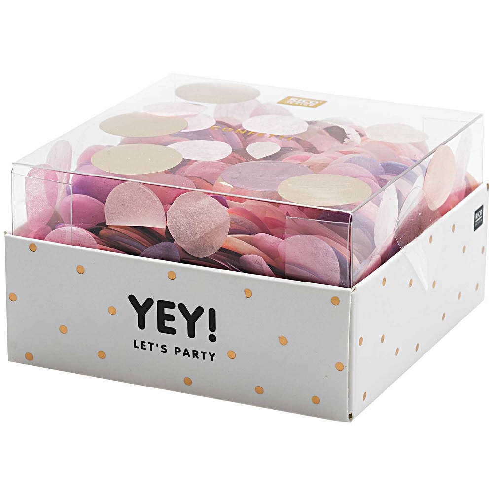 99001-63-91_2 Konfetti-Set, runde Papierkonfetti in Rosa- und Goldtönen, transparente Box, Verpackung mit Aufdruck "YEY! LET’S PARTY", weiße Box mit goldenen Punkten.