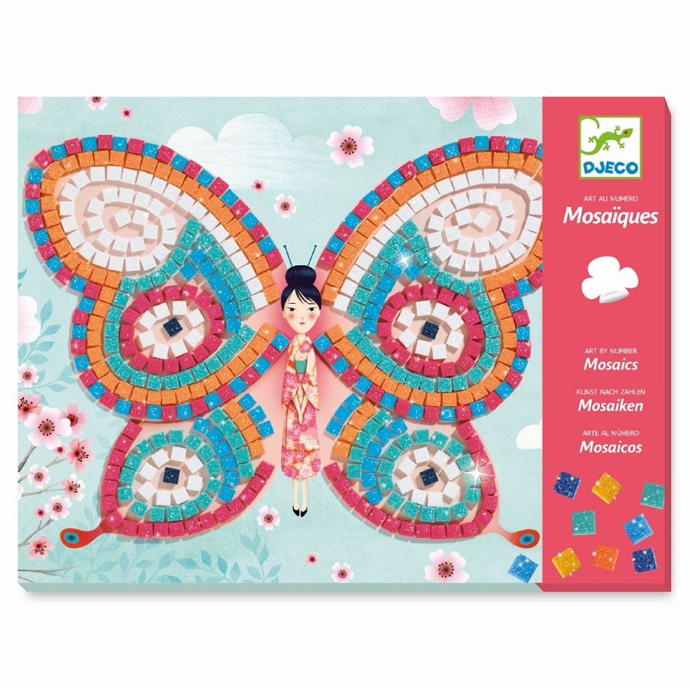 DJ08898-Mosaik-Schmetterlinge-1 Mosaik-Kit, Schmetterling, farbenfroh, Blautöne, Orangetöne, Rosatöne, japanische Figur, Blumenmuster, Djeco-Logo, Produktverpackung, Kunst nach Zahlen.