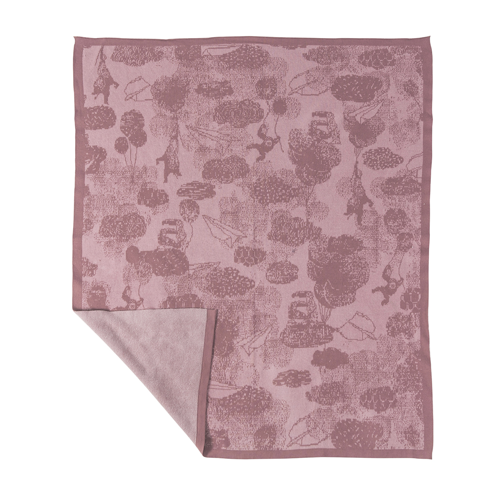 4001202 Plaid, rosa, Muster aus Bäumen und Tieren, umgeschlagene Ecke, zarte Struktur