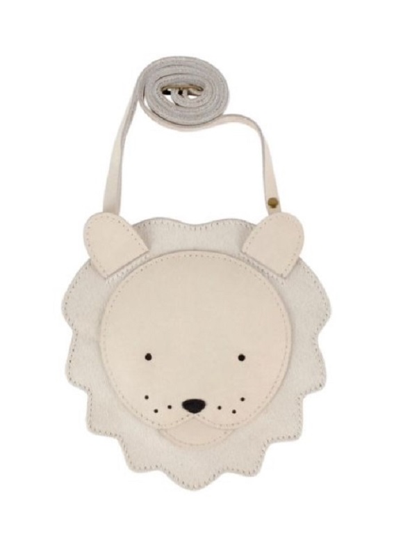 Loewe Kleine Umhängetasche, beige, Löwenmotiv, runde Form, Ohren und Mähne aus Stoff, verstellbarer Schulterriemen.