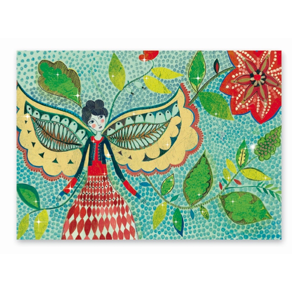 DJ09514-Metallbild-Gluehwuermchen-5 Kunstkarte, Schmetterlingsfrau-Motiv, bunte Flügel, blauer Hintergrund, florale Elemente