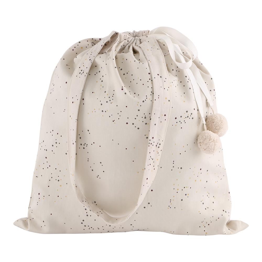 16297 Beutel, beige, Punktmuster, Kordelzugverschluss, zwei Pompons.