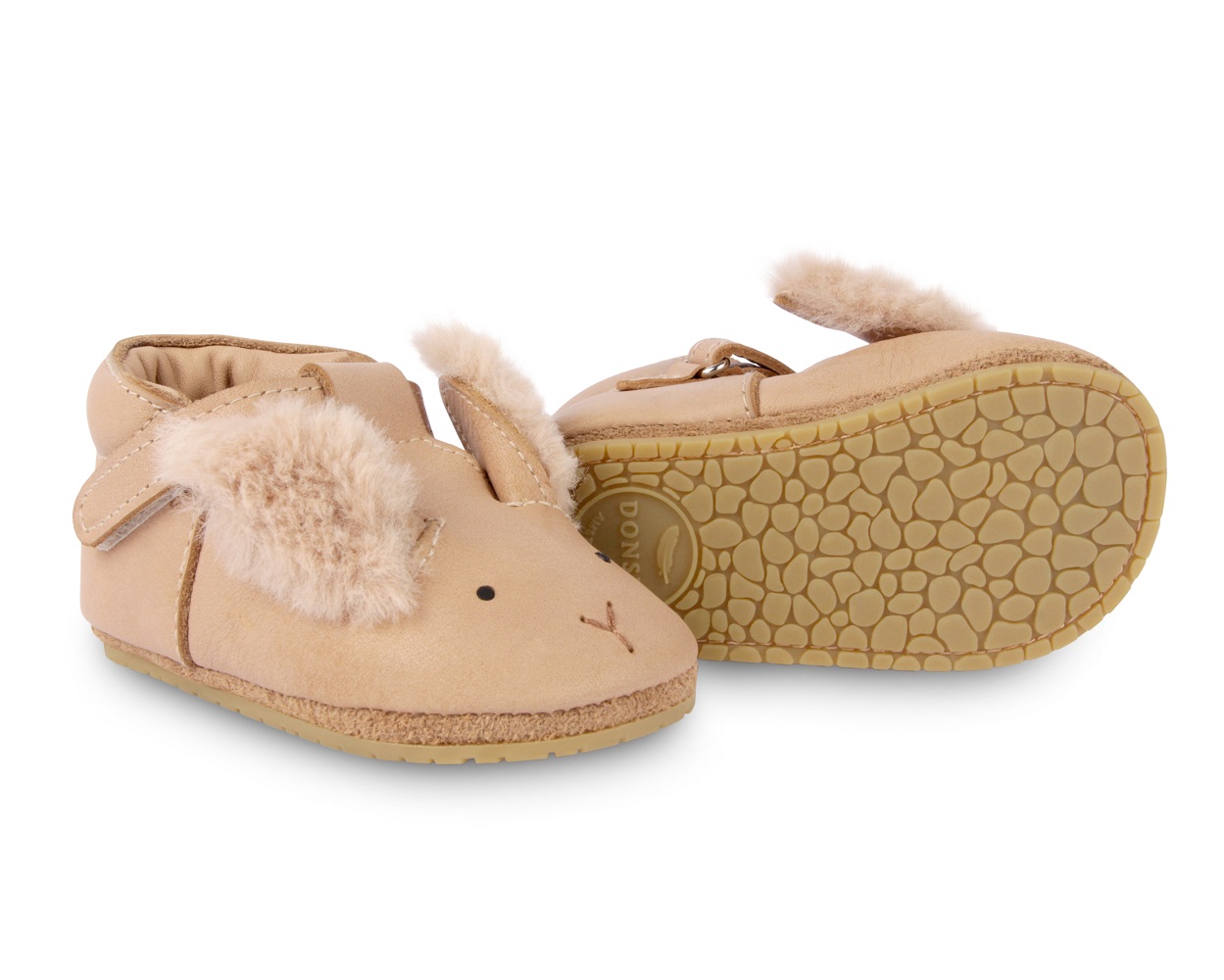 1004006_BL168_6 Babyschuhe, beige, Hasen-Design, flauschige Ohren-Applikation, Klettverschluss, strukturierte Gummisohle.