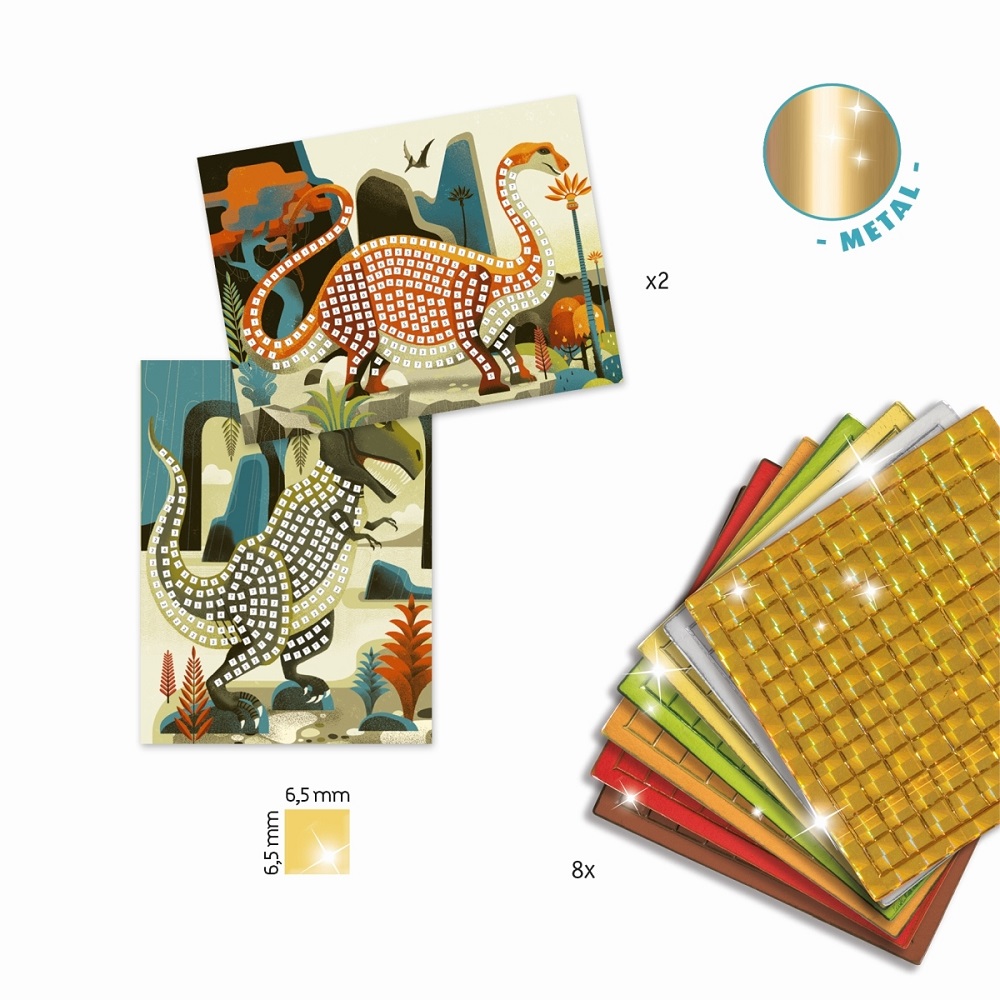DJ08899-Mosaik-Dinosaurier-2 Bastelset Dinosaurier-Mosaik; zwei Bilder mit Dinosauriern, metallisch schimmernde Quadrate; Farben: orange, grün, gold, silber; 8 Bögen; Stickergröße 6,5 mm; für kreative Gestaltungen.