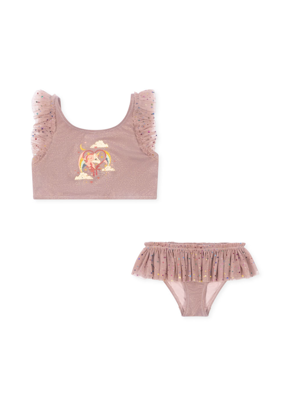 Kinder-Bikini-Set, rosa mit Einhorn-Aufdruck, glitzernde Rüschen an Trägern und Taille, Regenbogenfarben in Tüll eingearbeitet.