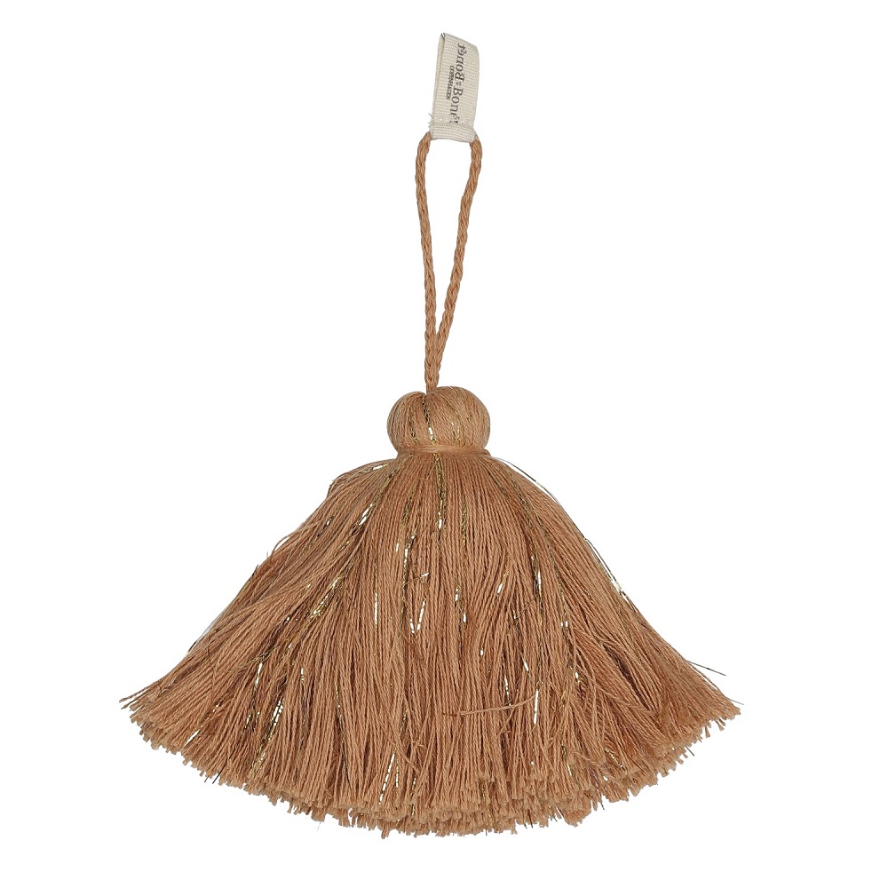 Tassel-PeachOrange Quaste, braun, dekorativer Faden, Schlaufe zum Aufhängen, goldene Akzente, Stoffetikett oben.