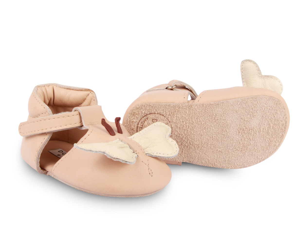 1012003_LE121_5 Babyschuhe, Leder, hellrosa, Klettverschluss, Schmetterlingsaufnäher in Creme und Braun.