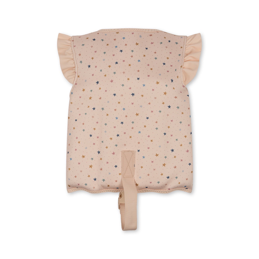 KS4445-NEOPRENE-FLOAT-VEST-FRILL-STAR-MULTI-Extra-1 Kinder-Schwimmweste, beige, bunter Sternenaufdruck, Rüschen an den Schultern, Befestigungsgurt unten.
