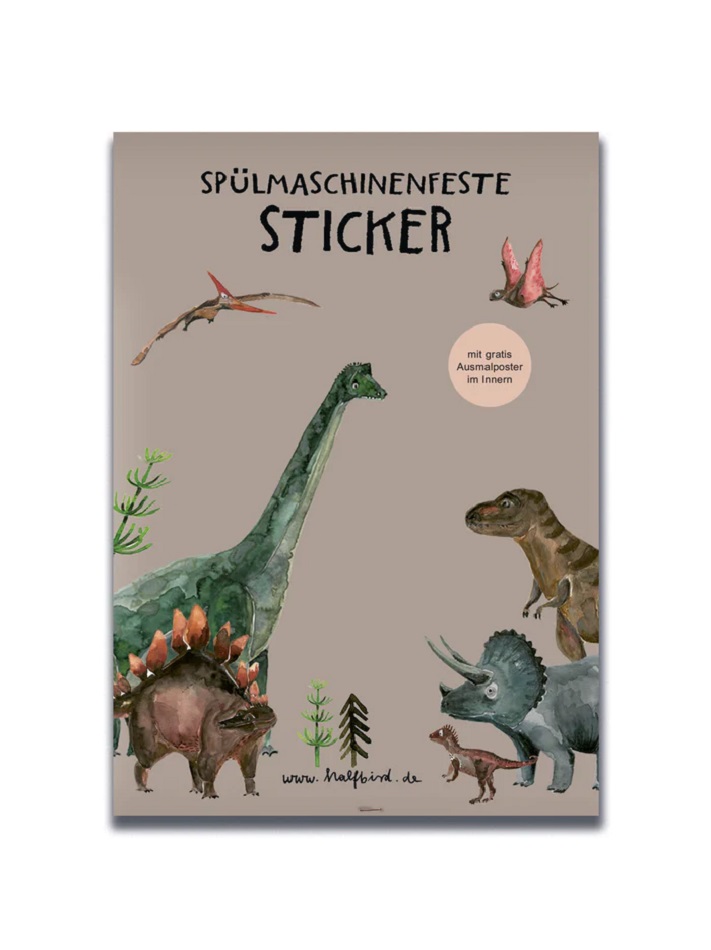 spulmaschinenfeste_Sticker_dino_700x Spülmaschinenfeste Sticker, Dinosaurier-Motive, diverse Arten, inkl. gratis Ausmalposter, Verpackungsfarbe beige, Illustrationen von Pflanzen und Dinosauriern.